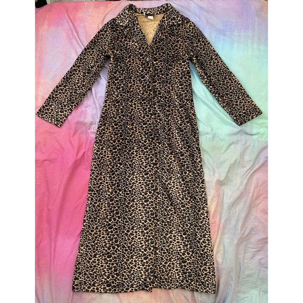 Vtg 90s Y2K Leopard Print Faux Fur Coat Alt Goth Grunge Maxi Rave Duster Sz S